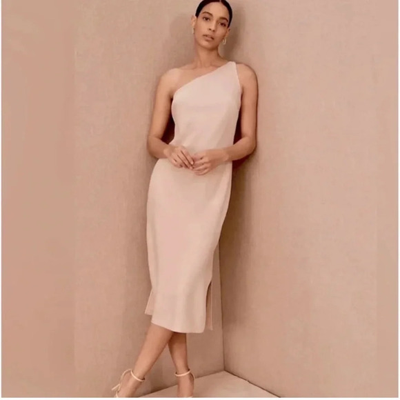 Anthropologie | BHLDN Blush One Shoulder Satin Dress with Side Slits US14 - Picture 1 of 10